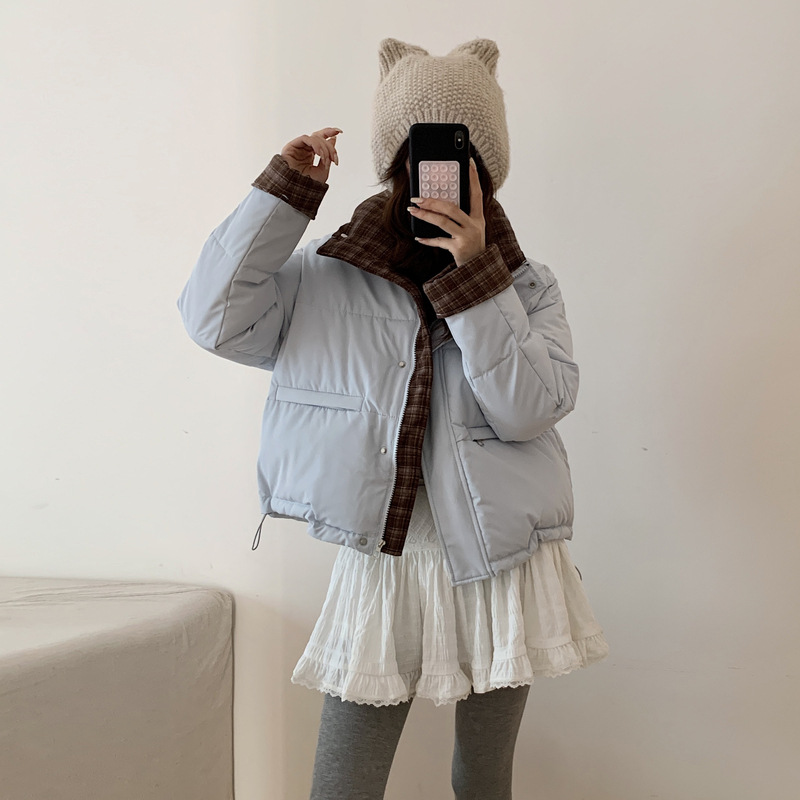 2025年冬季新款立领撞色短款羽绒棉服女宽松加厚小个子棉服外套潮
