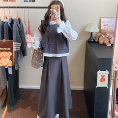 格雷系穿搭套装女秋季大码韩版撞色假两件衬衫上衣半身裙两件套