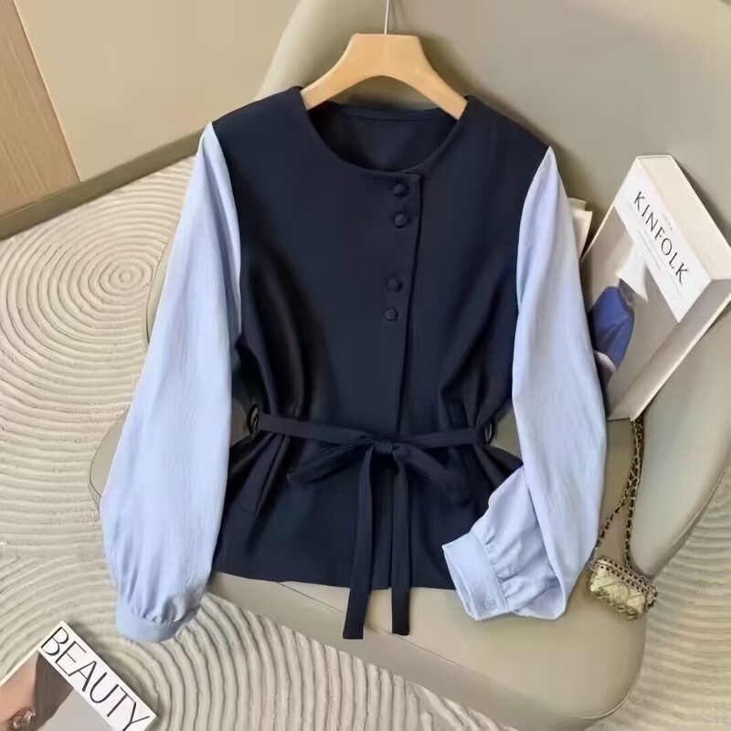 Elegant faux two-piece long-sleeve shirt for women, 2026 spring/autumn, plus size, for slightly plump women, with tie-waist and age-reducing design Elegant faux two-piece long-sleeve shirt for women, 2026 spring/autumn, plus size, for slightly plump women, with tie-waist and age-reducing design
