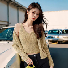 AI图现货 复古彩点花纱杂线毛衣外套女宽松针织吊带开衫两件套