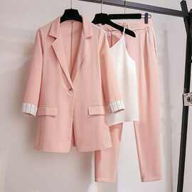 单/套装春季大码女装胖妹妹休闲西服秋外套显瘦小香风两件套