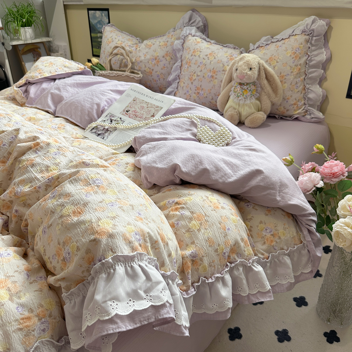 Parure de lit vintage en coton dentelle style bohème chic_voghion.com