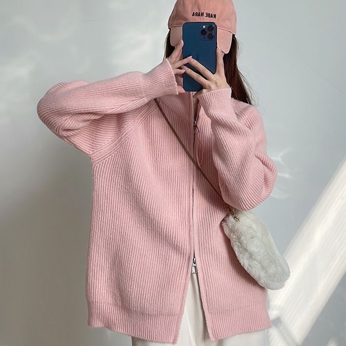Korean Style Loose Lapel Double Zipper Knitted Cardigan for Women Autumn and Winter New Design Niche Soft Waxy Sweater Jacket
