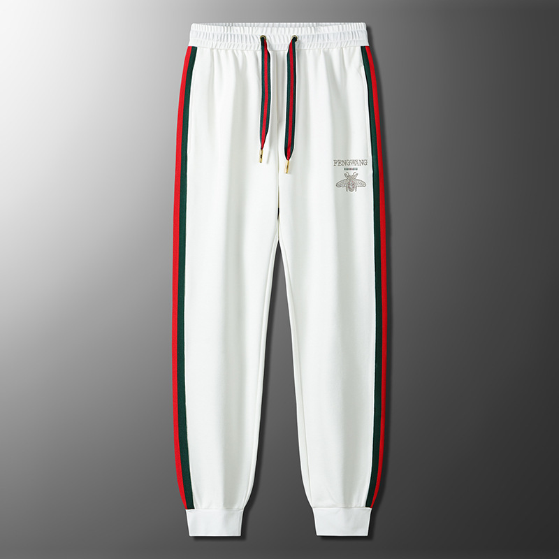 Cross-border European trendy men's casual sweatpants men's rhinestone bee trousers ribbon white ankle-tied plus size sports pants