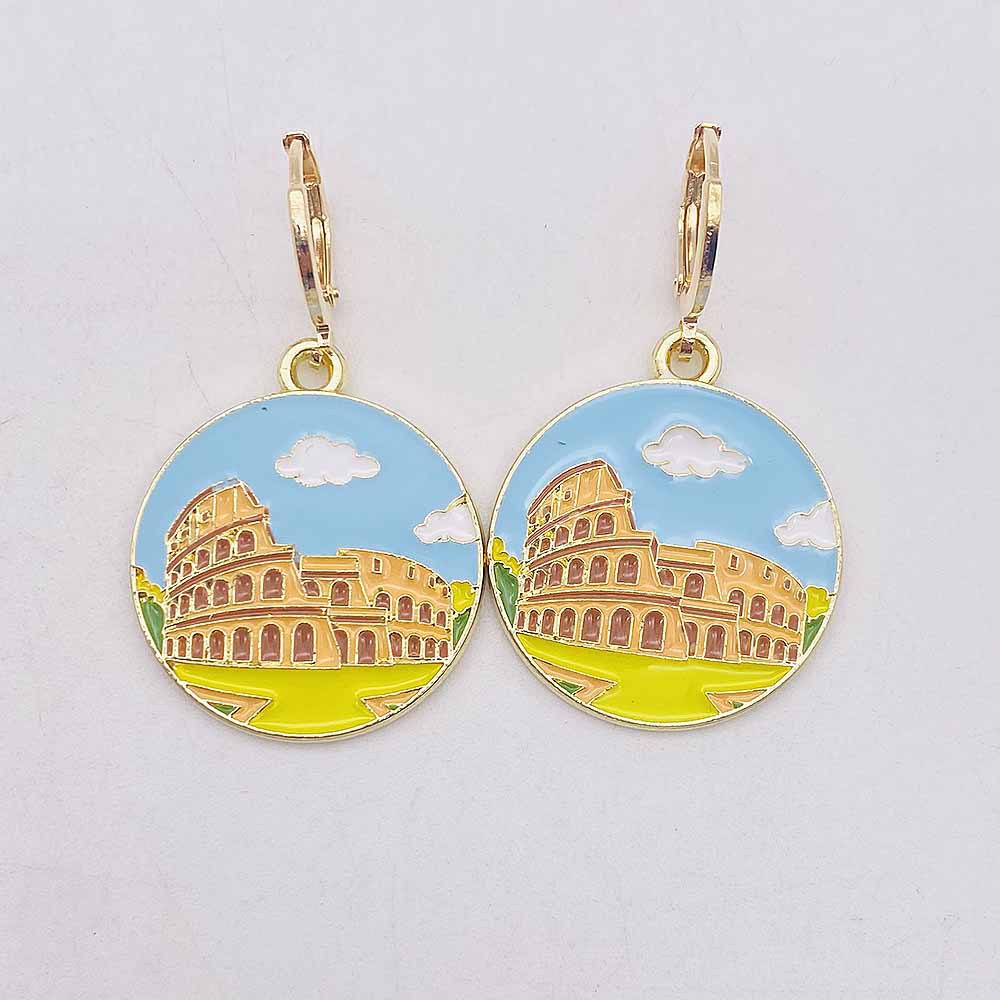 11g Weight Copper Ear Needle Material Drop Earrings Classification 1 Pair Quantity Daily, Street Occasion Alloy Material Building, Landscape Pattern Women's Gender Enamel Design Simple Style Style 1 Pair Simple Style Building Landscape Enamel Arylic Alloy Drop Earrings 9