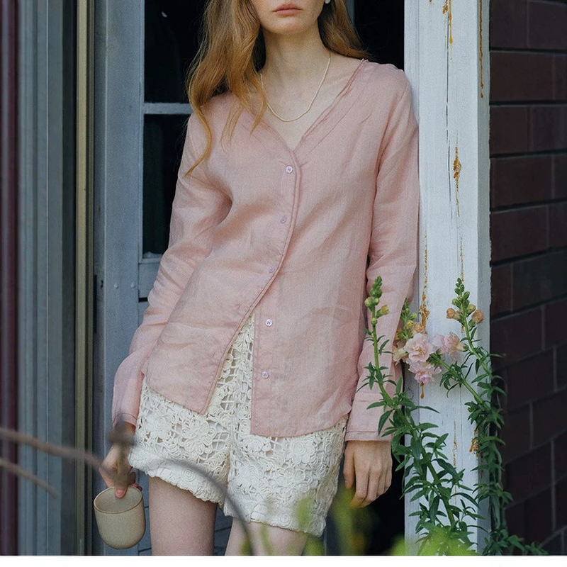 2026 Summer New Style Natural Ramie Double-Layer Lace V-Neck Slightly Sheer Air-Permeable Sun Protection Shirt Loose Versatile Top 2026 Summer New Style Natural Ramie Double-Layer Lace V-Neck Slightly Sheer Air-Permeable Sun Protection Shirt Loose Versatile Top