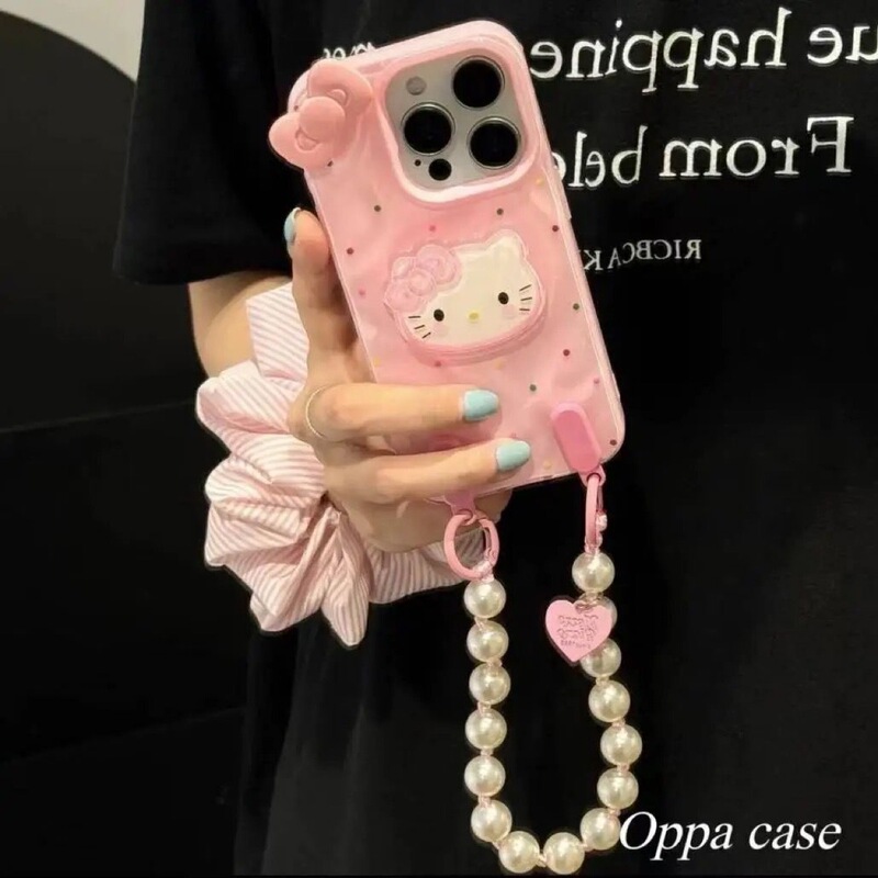 水玉立体キティ Apple iPhone16/15 携帯電話ケース 14 プリーツ 13 チェーン 12 リボンに適しています|undefined