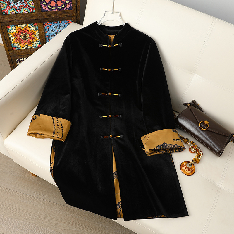 2025春秋季新款中国风中长款黑色丝绒风衣盘扣复古旗袍唐装外套女