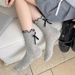 春夏薄款後跟蝴蝶結短襪女日系jk中筒襪木耳邊Lolita甜美堆堆襪子