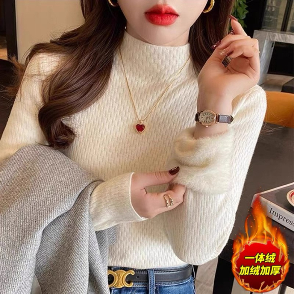 가을과 겨울 반 높이 칼라베이스 셔츠 여성용 스웨터 기모 한국식 슬림핏 인테리어 서양식 스웨터 여성용 따뜻한 탑