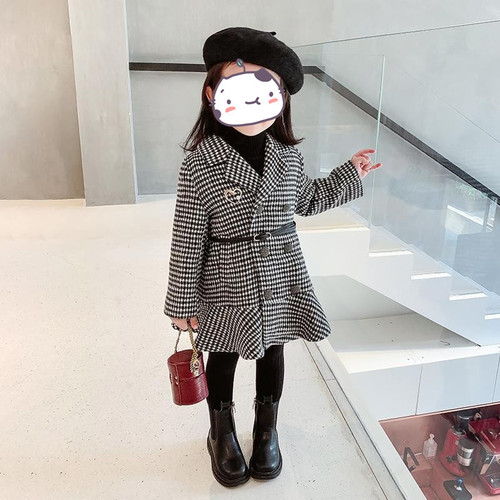 Girls' Houndstooth Plaid Western Style Waisted Thickened Woolen Coat  Autumn and Winter New Style Padded Girls Baby Coat