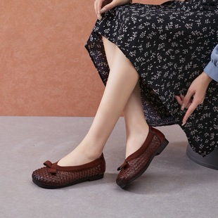 Longlin 2025 New Autumn Style Retro First-Layer Cowhide Slip-On Braided Bow Breathable Casual Flats Comfortable Women's Shoes