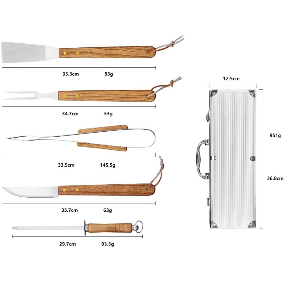 Fuente fabricante de acero inoxidable conjunto de herramientas de barbacoa camping al aire libre BBQ mango de madera caja de aluminio parrilla de cinco piezas conjunto de combinación