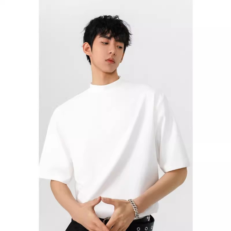 반하이넥 무지 반팔 티셔츠 남녀공용 2026 여름 트렌디 브랜드 루즈핏 헤비웨이트 다용도 반팔 베이스 레이어 남성복