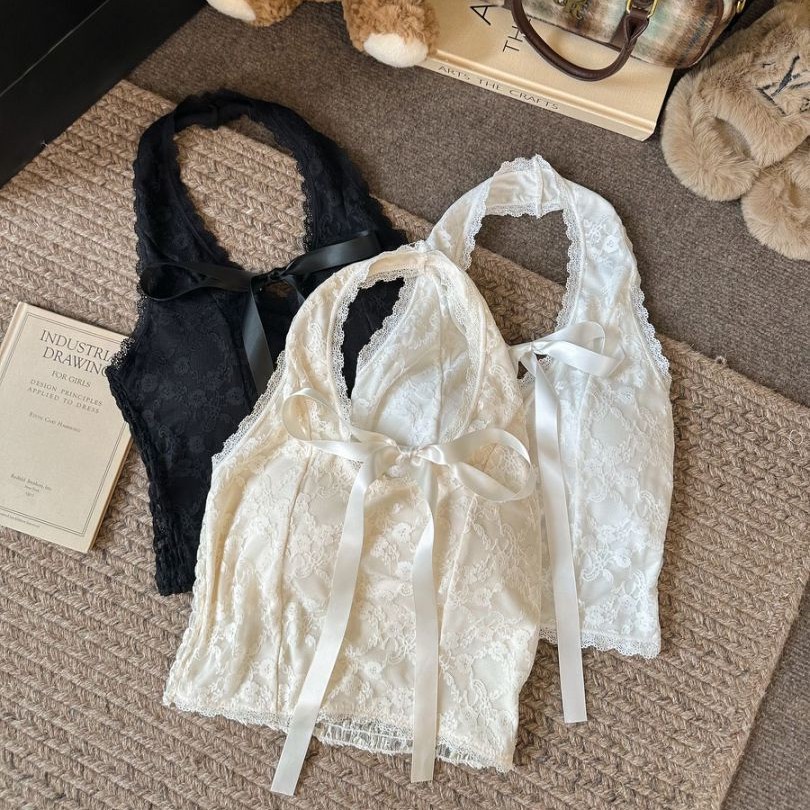2042 # New Bow V-Neck Lace Camisole Women's Summer Sweet Hottie Sexy Halterneck Tube Top Beautiful Top