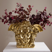 现代轻奢金色电镀陶瓷美杜莎花瓶摆件北欧玄关客厅花器艺术装饰品