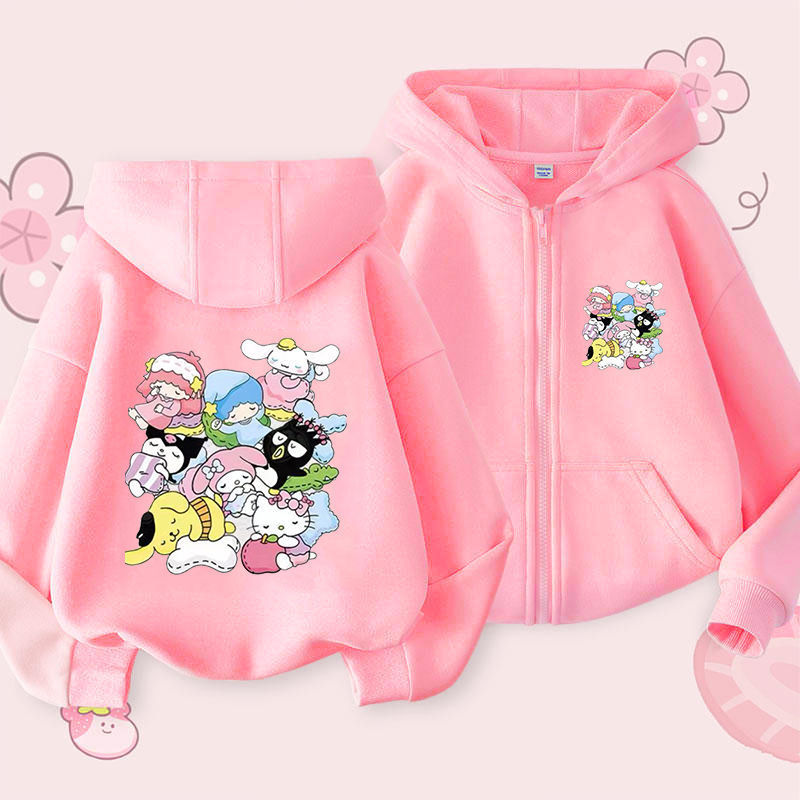Sanrio 2024 Cardigan Jacket New Children's Kulomi Girls Spring and Autumn Zipper fleece-lined Western Style Hooded Sweater