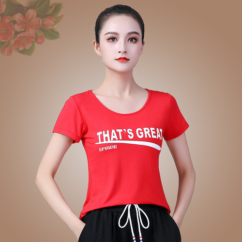 New Square Dance Costume Summer Short Sleeve Sports Casual Ghost Step Dance Print Cotton Fitness Top Team Performance Costume