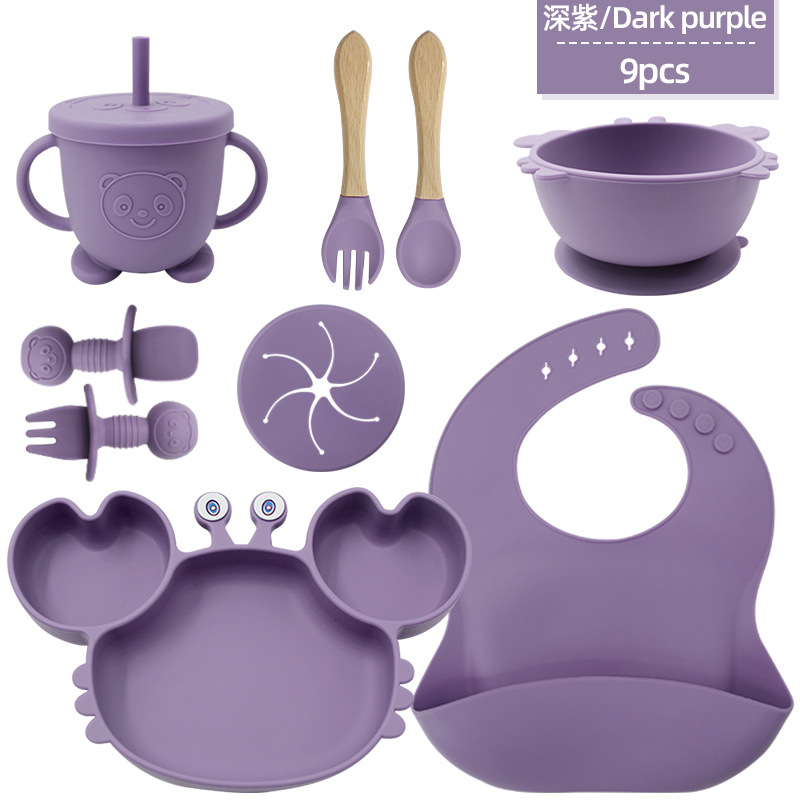 cubiertos de silicona para niños, platos de alimentación para bebés, cucharas de cangrejo, cuchillas de tenedor, bacon de nueve piezas, cubiertos de dibujos animados para bebés