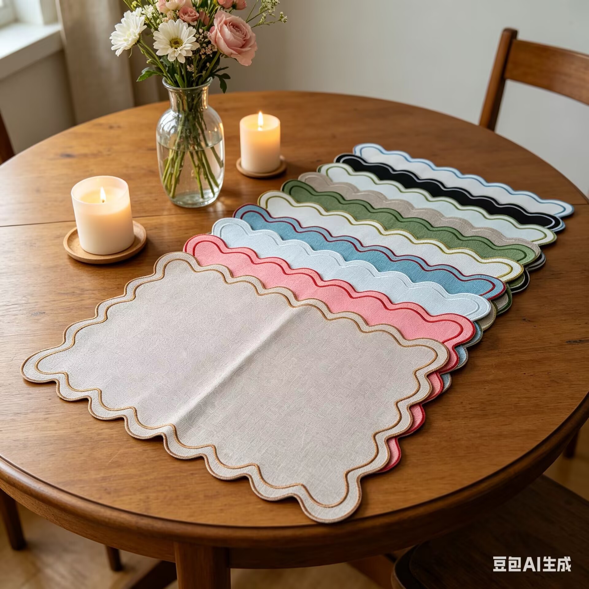 Cross-Border Best-Selling Linen Multi-Color Embroidered Snake Tail Wave Edge Placemat Table Mat Cup Mat Double-Layer Thickened Heat Insulation Mat