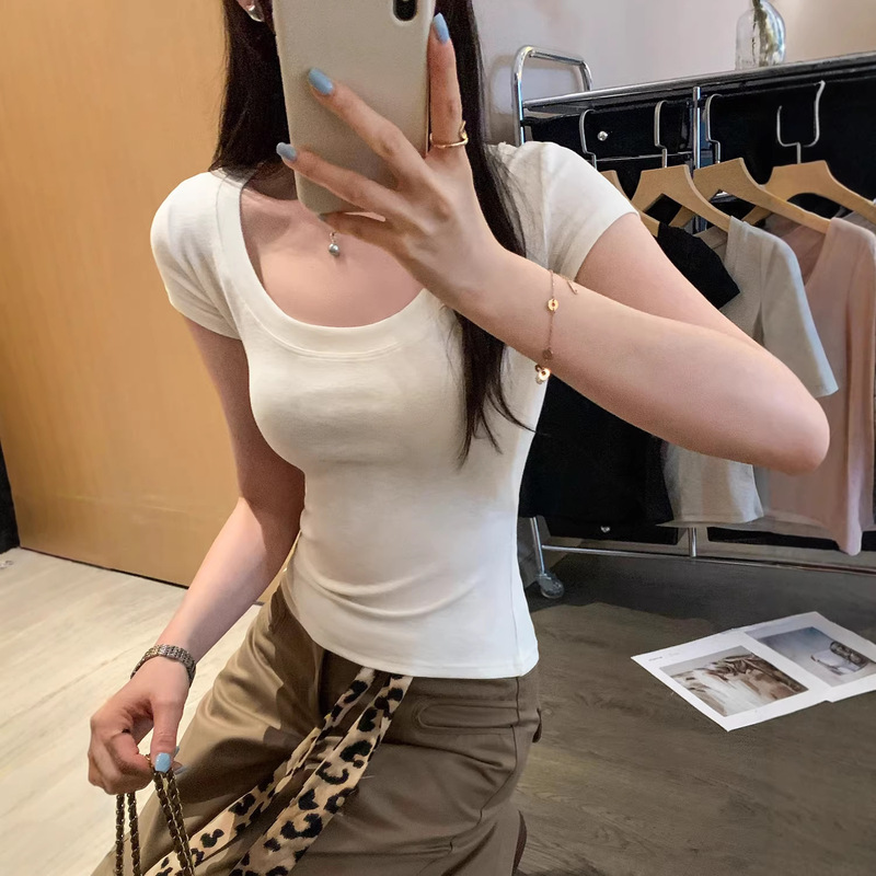 Hot Girl White U-Neck Slim-Fit Short-Sleeve T-Shirt for Women, Summer 2026 New Round-Neck Black Slimming Pure Desire Top Hot Girl White U-Neck Slim-Fit Short-Sleeve T-Shirt for Women, Summer 2026 New Round-Neck Black Slimming Pure Desire Top