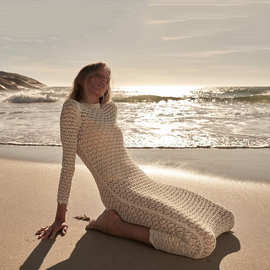 跨境亚马逊沙滩裙针织镂空雪纺衫海滩防晒罩衫手钩连体裙裹裙外塔