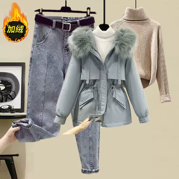 Blue jacket, apricot sweater, jeans
