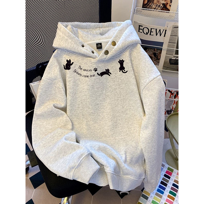 Gray Letter Print Heavy Hooded Sweatshirt for Women 2025 New Autumn and Winter Velvet Thickeneded Loose Casual Jacket