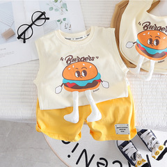 女童夏裝套裝新款年兒童男童背心短褲漢堡卡通韓版姐弟裝兩件套潮