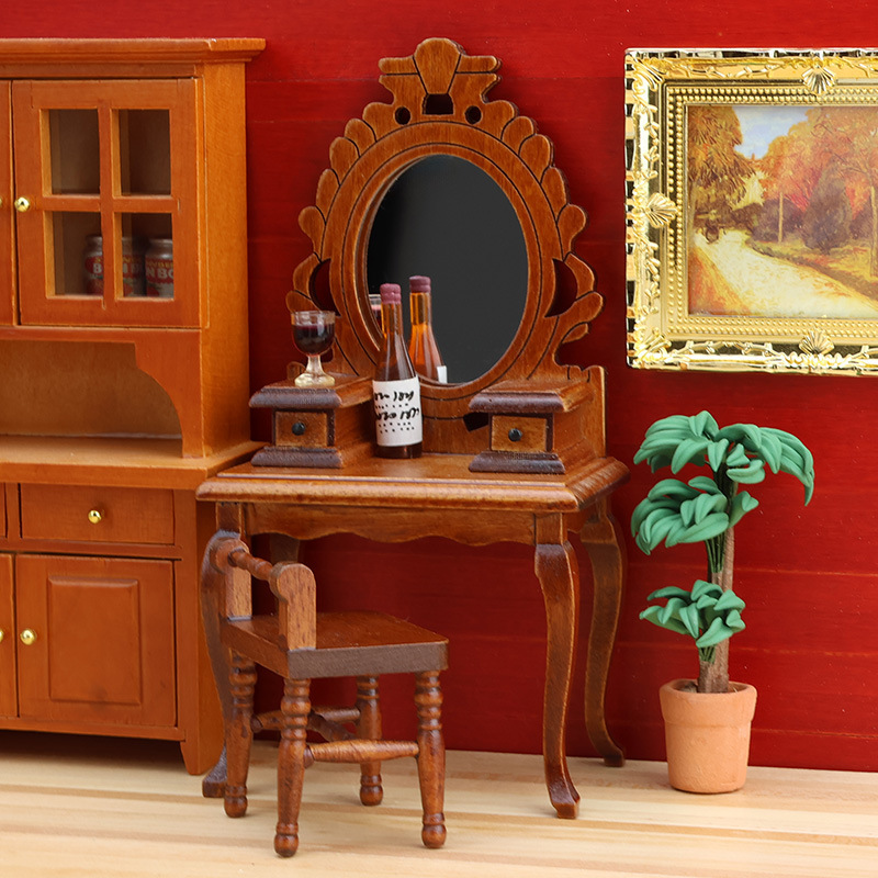 1:12娃娃屋dollhouse迷你小家具模型微缩卧室场景复古梳妆台凳子|undefined