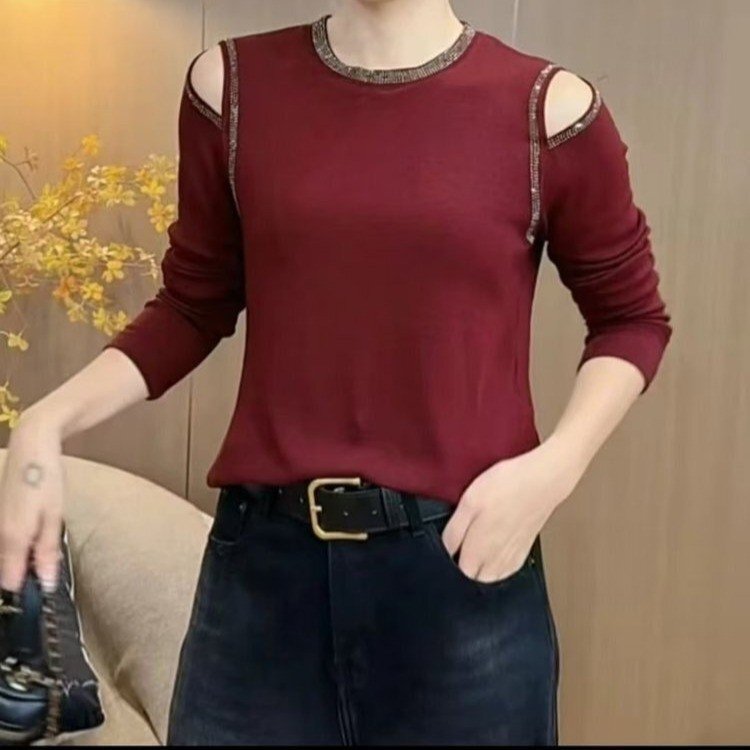 一件代发直播爆款2025春秋新款烫钻长袖t恤女露肩纯色上衣打底衫|undefined