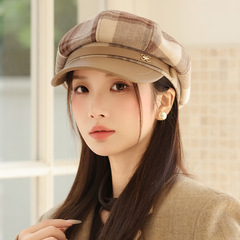 春と秋の新八角形チェック柄ベレー帽韓国カジュアル多用途英国ひさしキャップ防風暖かい画家帽子トレンド