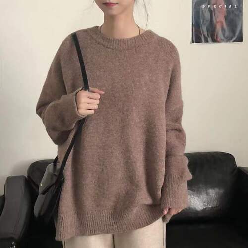 Vintage Solid Color Round Neck Hooded Sweater for Women, Autumn/Winter Outerwear, Korean Style Loose Hong Kong Style Knit Top