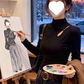 半高领镂空磨毛内搭打底衫女秋冬设计感修身辣妹黑色长袖t恤上衣