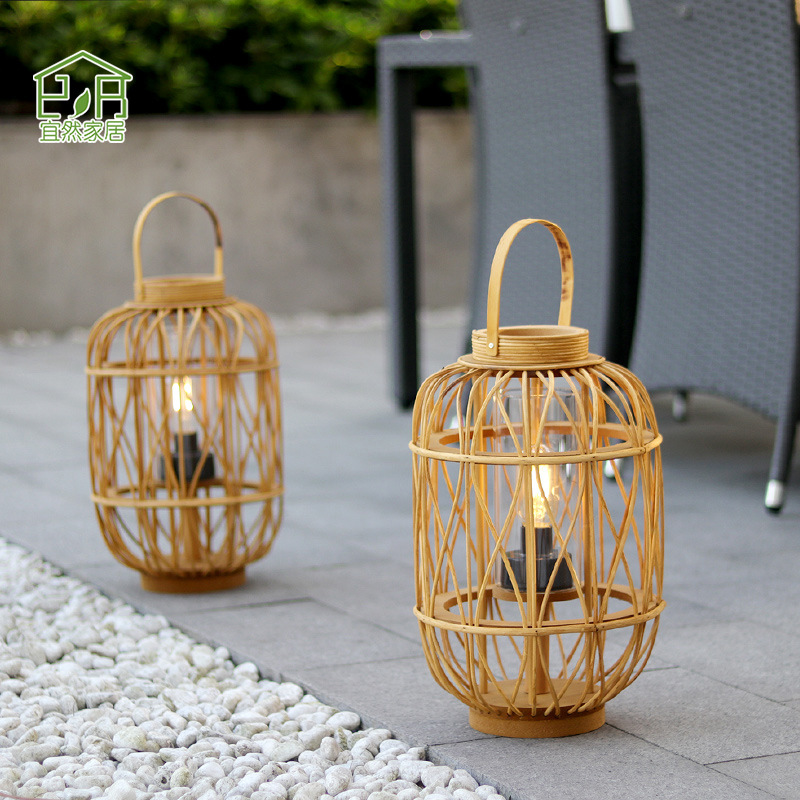 Transfronterizos personalizados retro linterna de caña de viento trenzada a mano sombra de lámpara solar decoración navideña vela de viento