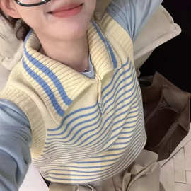 秋冬新款韩版时尚百搭翻领条纹马甲女宽松显瘦上衣叠穿蓝色针织衫