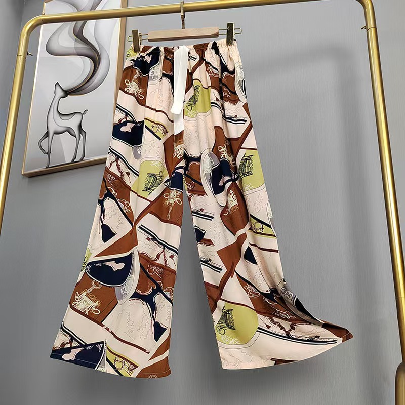 Pijama de seda de algodón para mujer, pantalones anchos de mujer embarazada de seda de algodón con estampado fino de verano