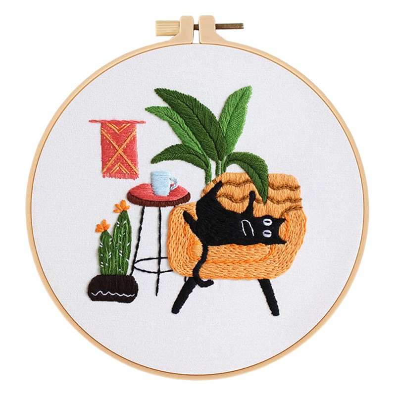 Nuevo original DIY hecho a mano bordado material paquete vacaciones gato negro gato flores y plantas ventana sofá inglés transfronterizo