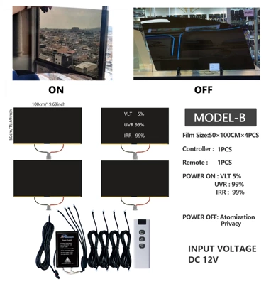 Automotive Dry-Adhesive Electrochromic: Car roof lining - film-50100cmpiece-4-windows-1-power-supply-black-4pcs