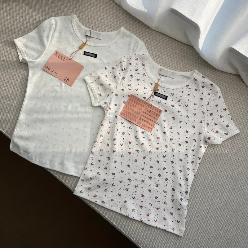High-Quality 26 Summer New Style Miu Series Floral Round Neck Lace Shoulder-Length Short-Sleeved Casual Versatile Top with Girly Style High-Quality 26 Summer New Style Miu Series Floral Round Neck Lace Shoulder-Length Short-Sleeved Casual Versatile Top with Girly Style