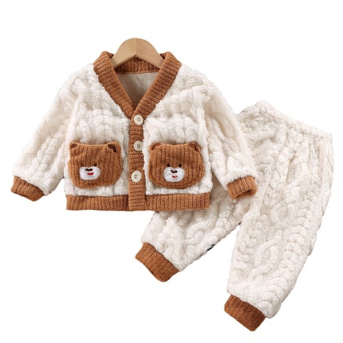 New children's home suit set for boys and girls, children's flannel pajama sets with outerwear, thick and warm two-piece set
