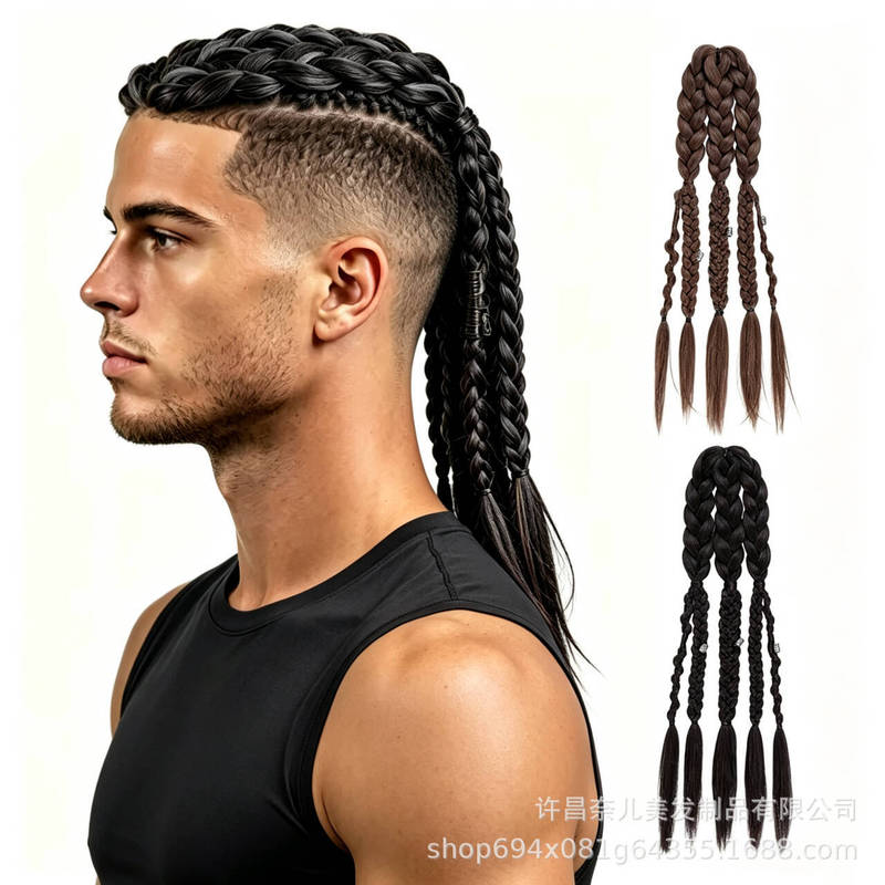 Viking Men's Dreadlocks 24inch Handmade Clip-In Braided Ponytail Cross-Border Trade Wig Braids Wholesale