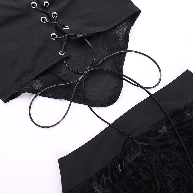 Flocking Lace Up Waist Tube Top Top Trousers Suit Spring Two Piece Suit