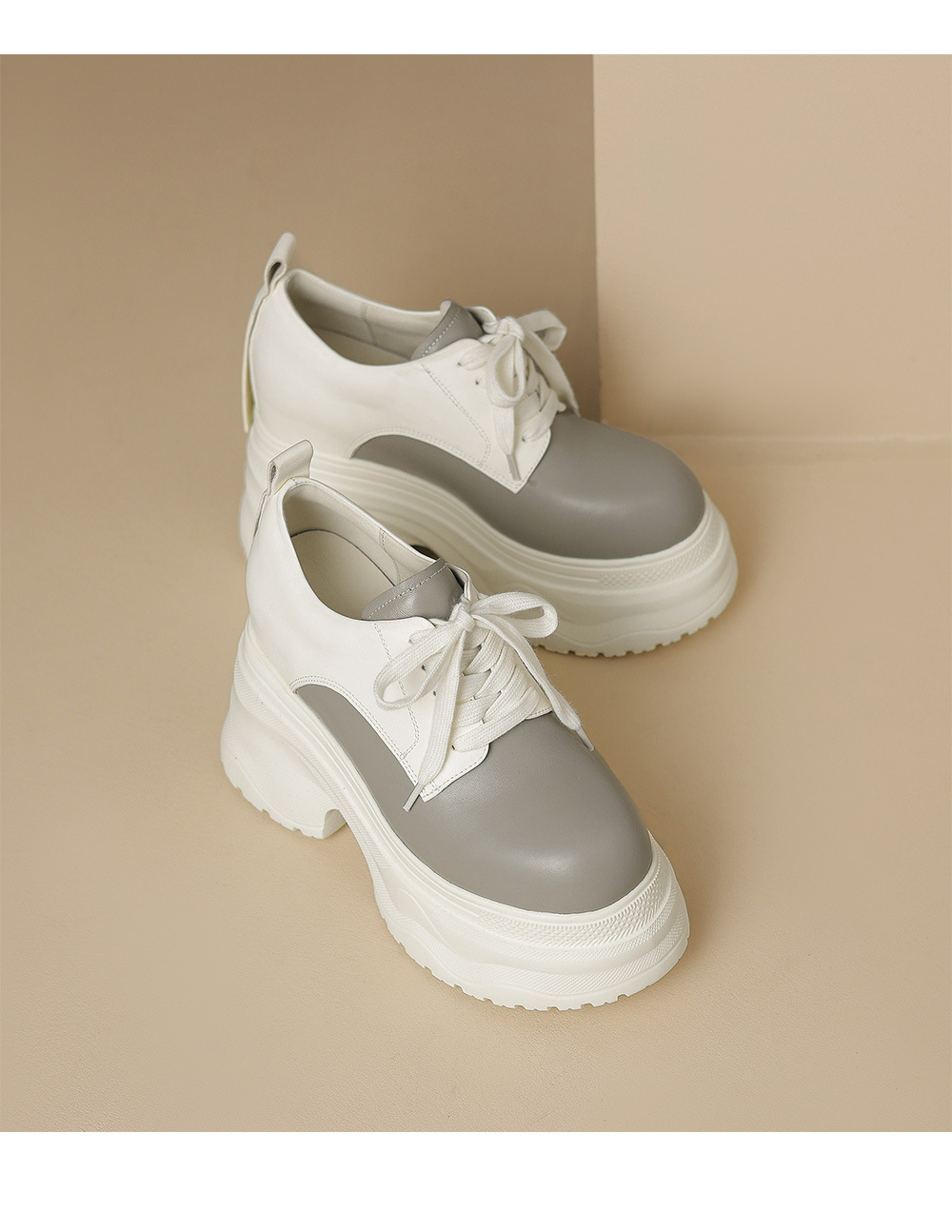 Giày sneaker nữ chunky đế dày phối màu mùa thu 2025, da bò thật, tăng chiều cao 12cm, buộc dây — Màu đen, Màu xám trắng, Màu trắng chi tiết 18