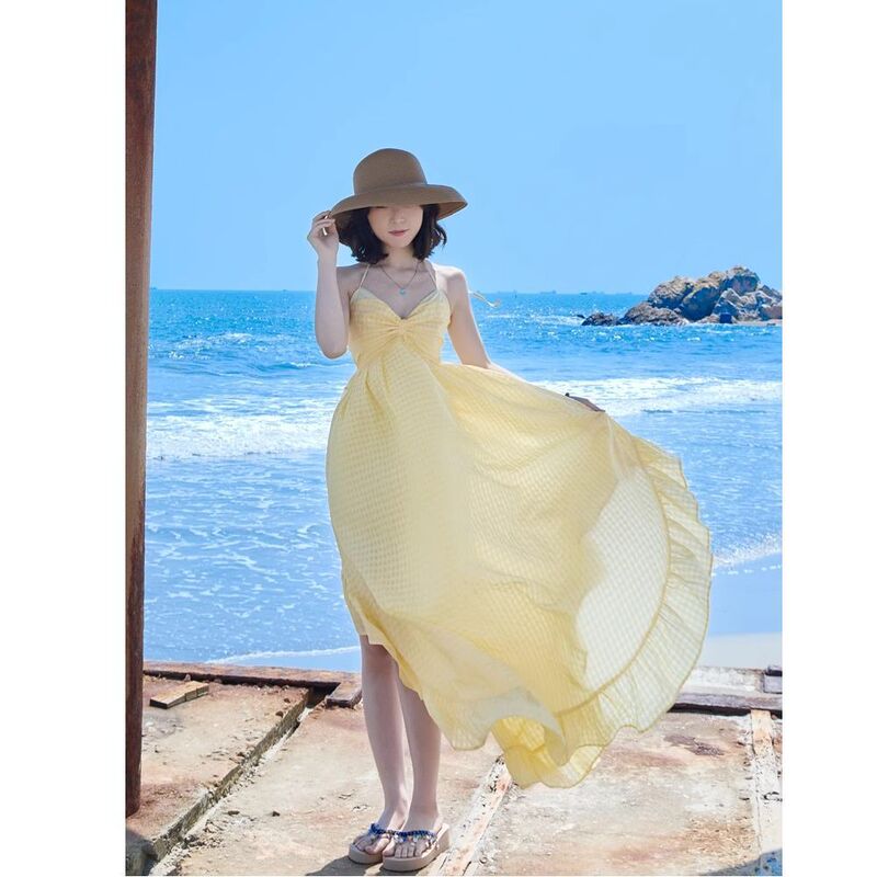 Beach Vacation Dress with a High-End Feel, Yellow Halter Neck Long Dress with Chest Pads, Backless Beach Dress for Women, Sanya Outfit Beach Vacation Dress with a High-End Feel, Yellow Halter Neck Long Dress with Chest Pads, Backless Beach Dress for Women, Sanya Outfit