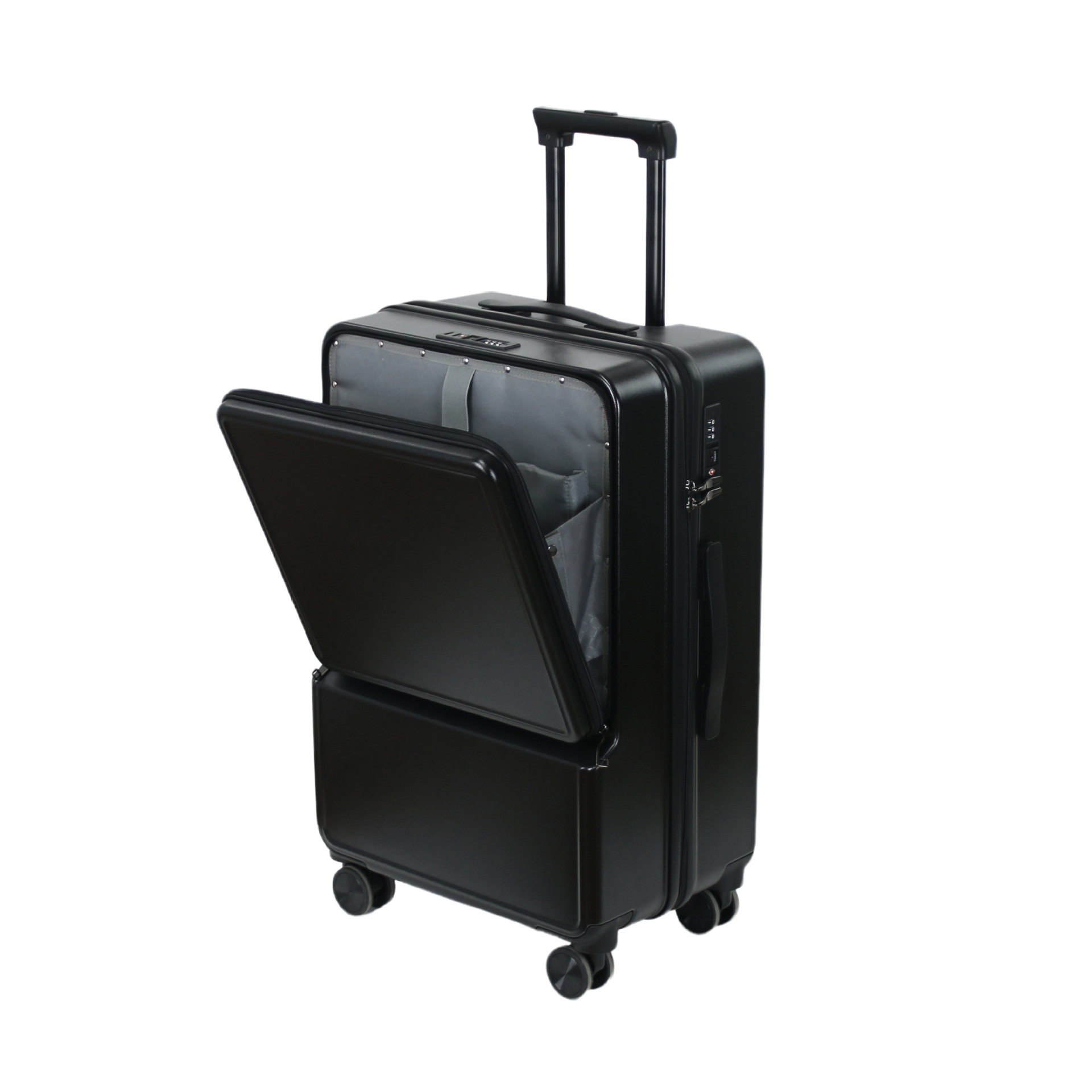 Vali kéo đa năng 20 inch mở rộng, bánh xe vạn hướng êm, ngăn laptop phía trước — màu đen, màu xám
