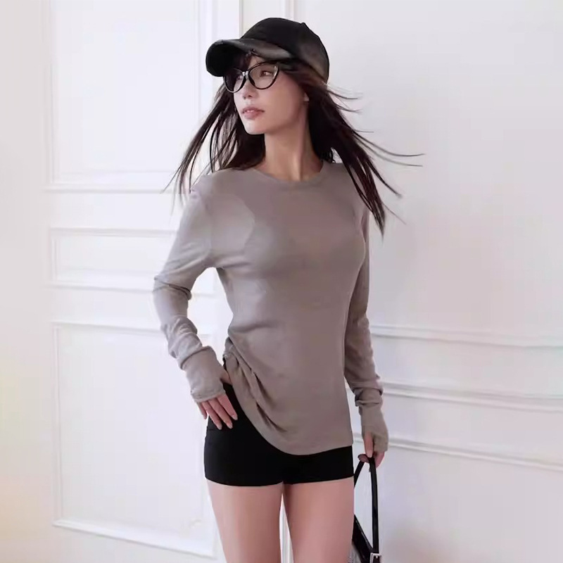 Special Offer Spring New Silk Solid Color Loose Long-Sleeve Top for Women, Versatile Breathable Air-Conditioned Casual Round-Neck T-Shirt