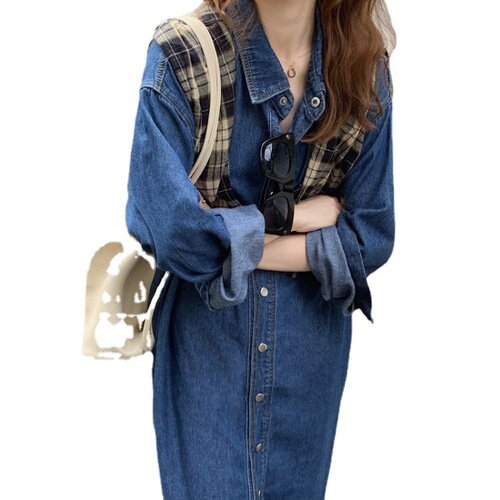 Actual shot of homemade designer long-sleeved denim shirt dress for women Korean style slimming dress