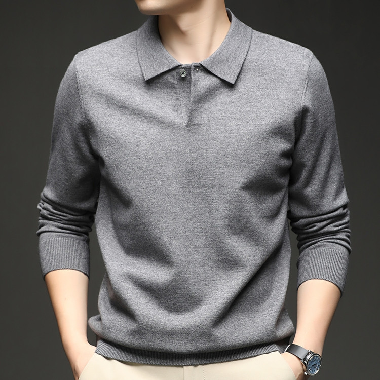 Polo de color sólido para hombres otoño y invierno moda jacquard camiseta de regazo de manga larga regazo nuevo suéter de hombre casual