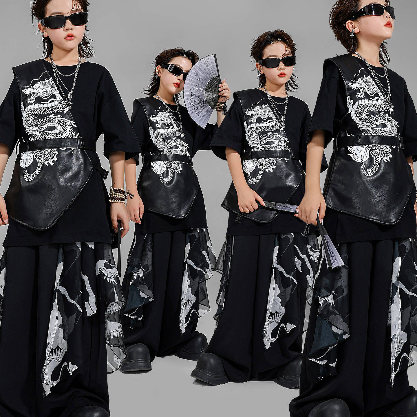 儿童中国风街舞演出服男童嘻哈套装女童新中式少儿hiphop表演服装